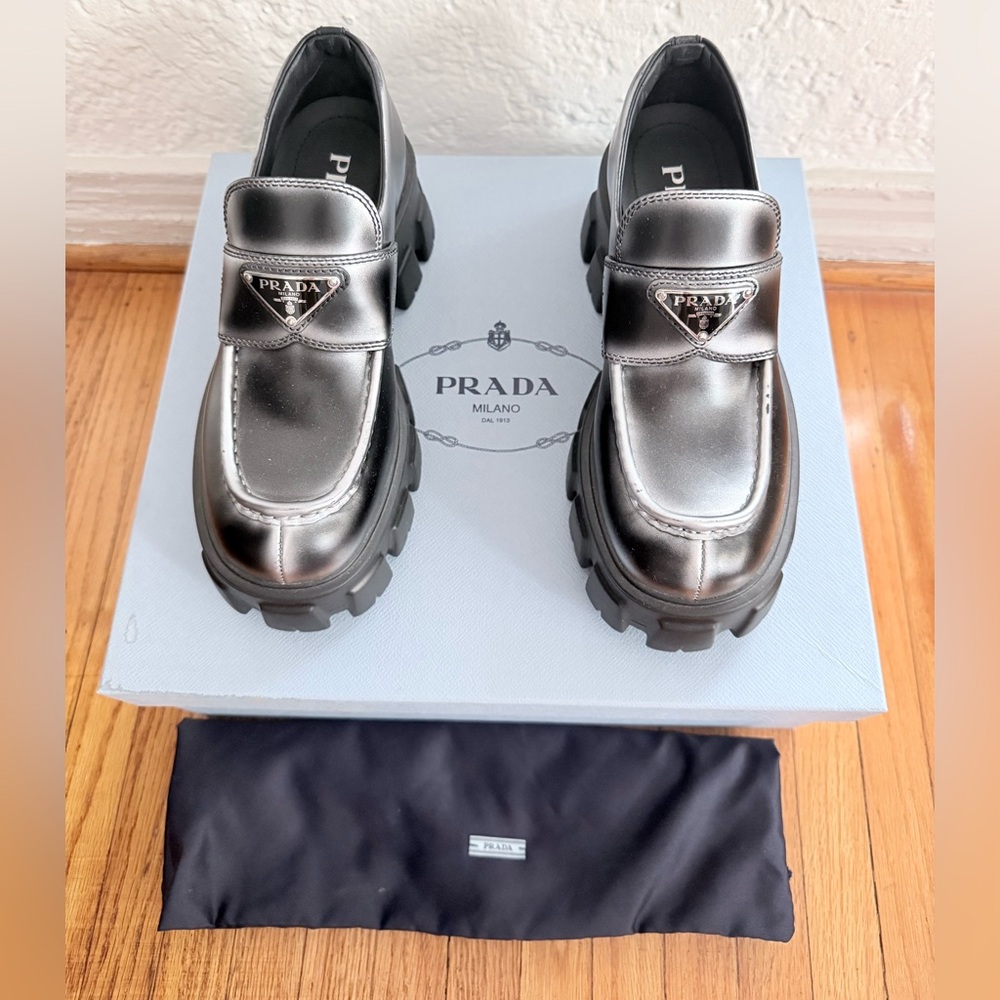Prada Monolith Brushed Leather Penny Loafer EU36 US6 NWT Chunky Sole - Picture 6 of 14